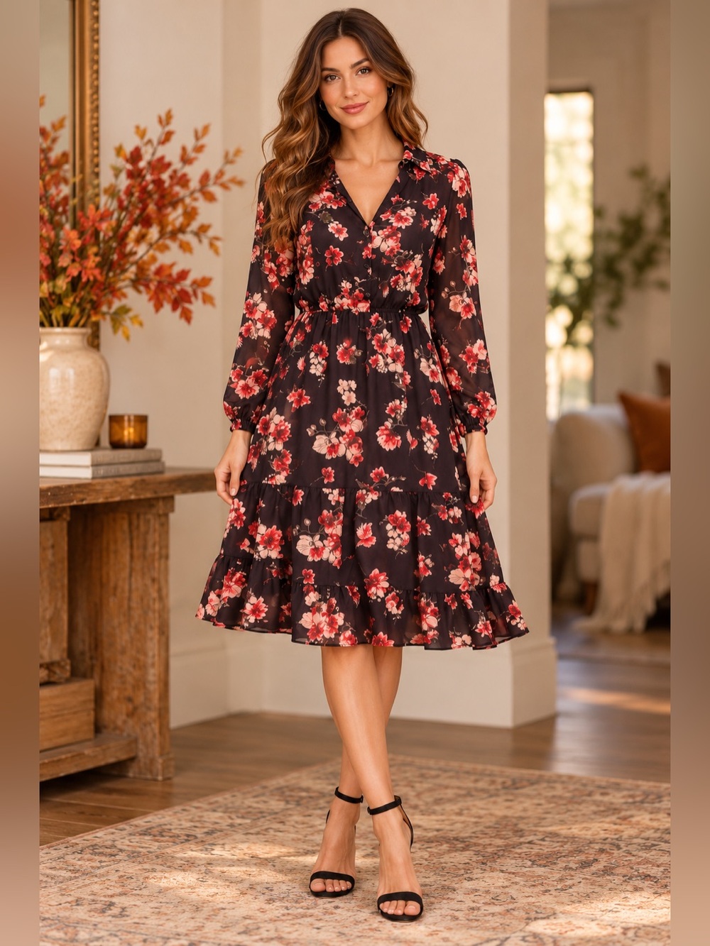 Skies Are Blue Dark Plum Floral Tiered Ruffle Long Sleeve Midi Dress Size M